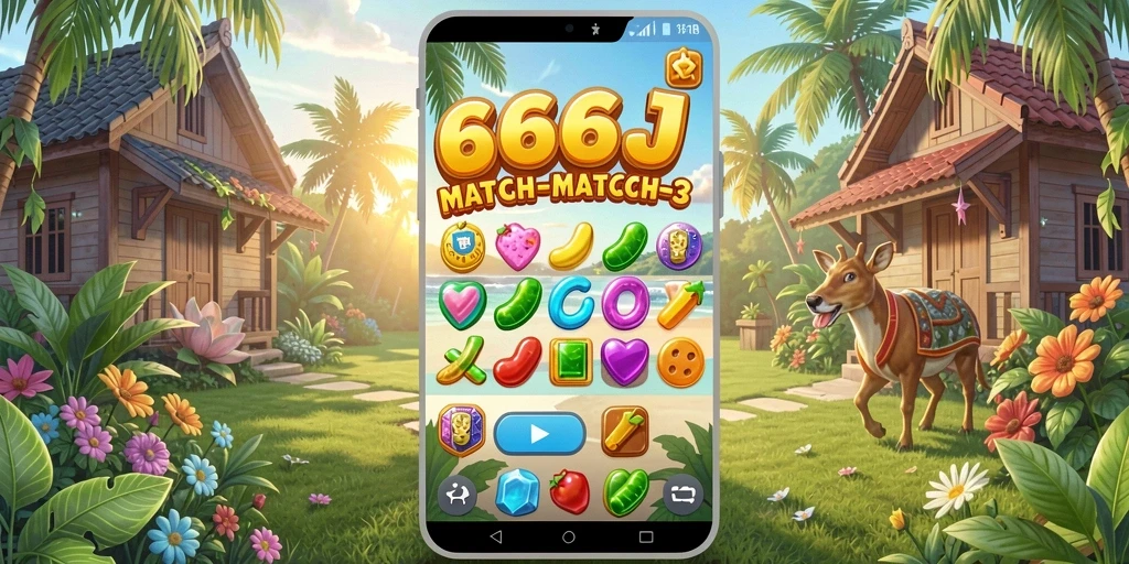 Screenshot utama 666J menampilkan gameplay mencocokkan objek Match-3 yang seru.
