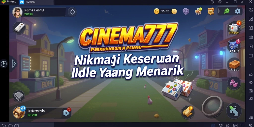 Tampilan gameplay CINEMA777 dengan berbagai film dan pengunjung bioskop.