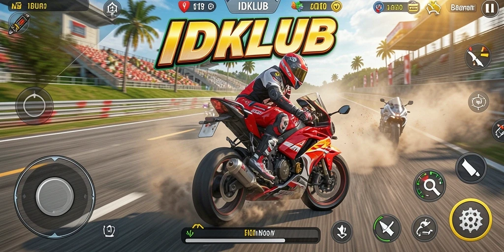 Screenshot utama IDKLUB menampilkan balapan motor yang seru dan energik.